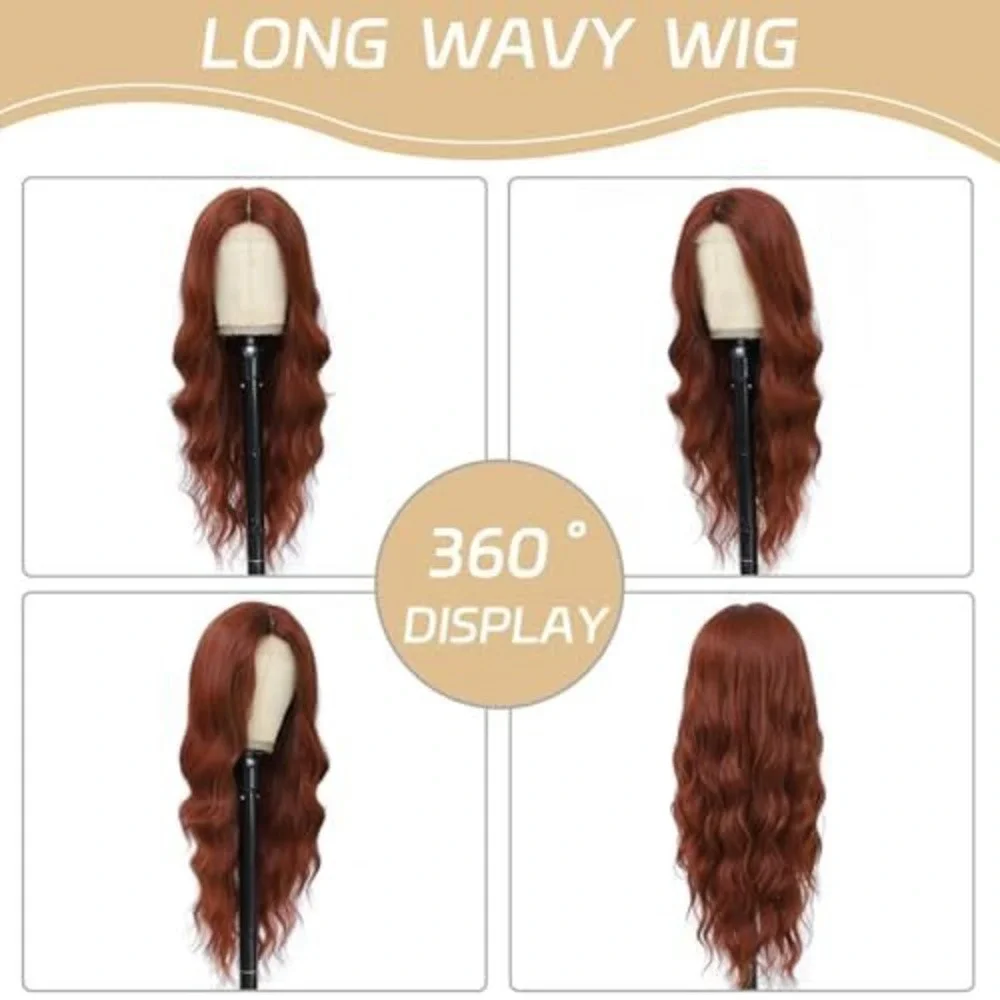 Long Wavy Copper‎ Red Auburn Synthetic Wig Heat Resistant Middle Part Body Wave